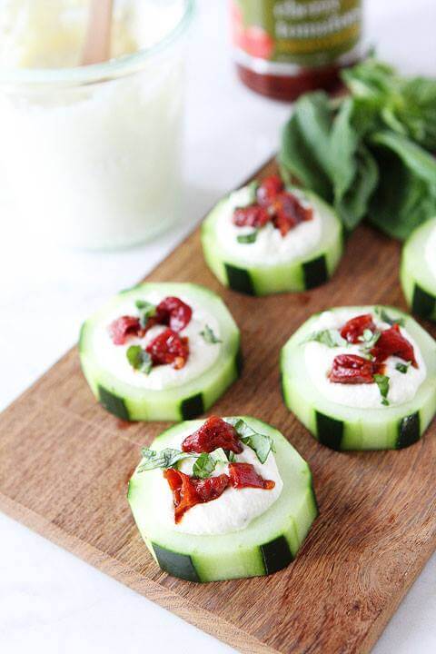 Cucumber Canapés with Whipped Feta, Sun-Dried Tomatoes, and Basil